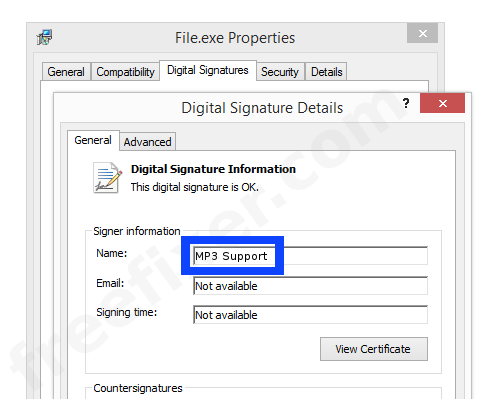 Screenshot of the MP3 Support certificate